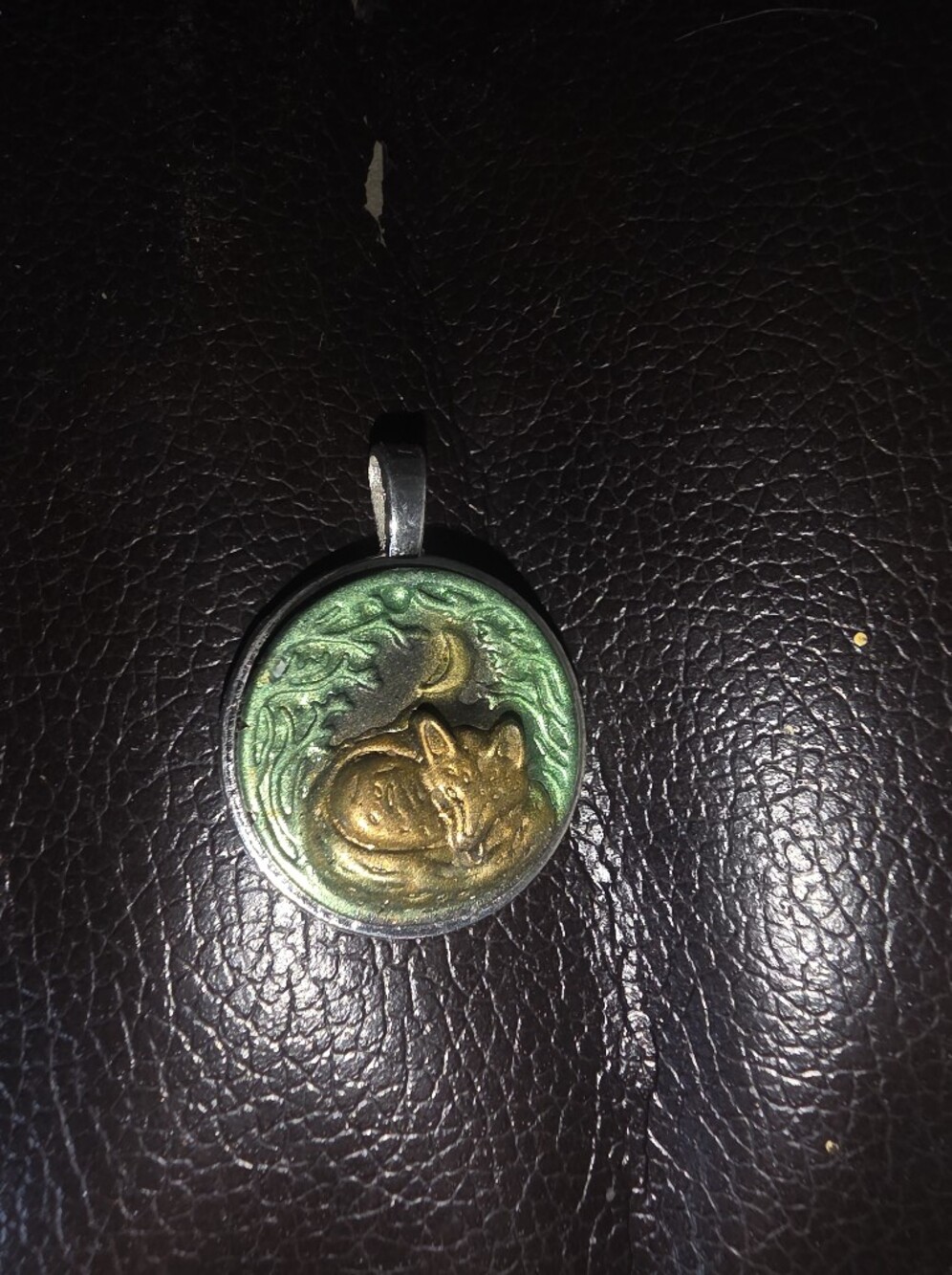 Resin Sleeping Fox Necklace Pendant On Silver Tone Bezel Framwme